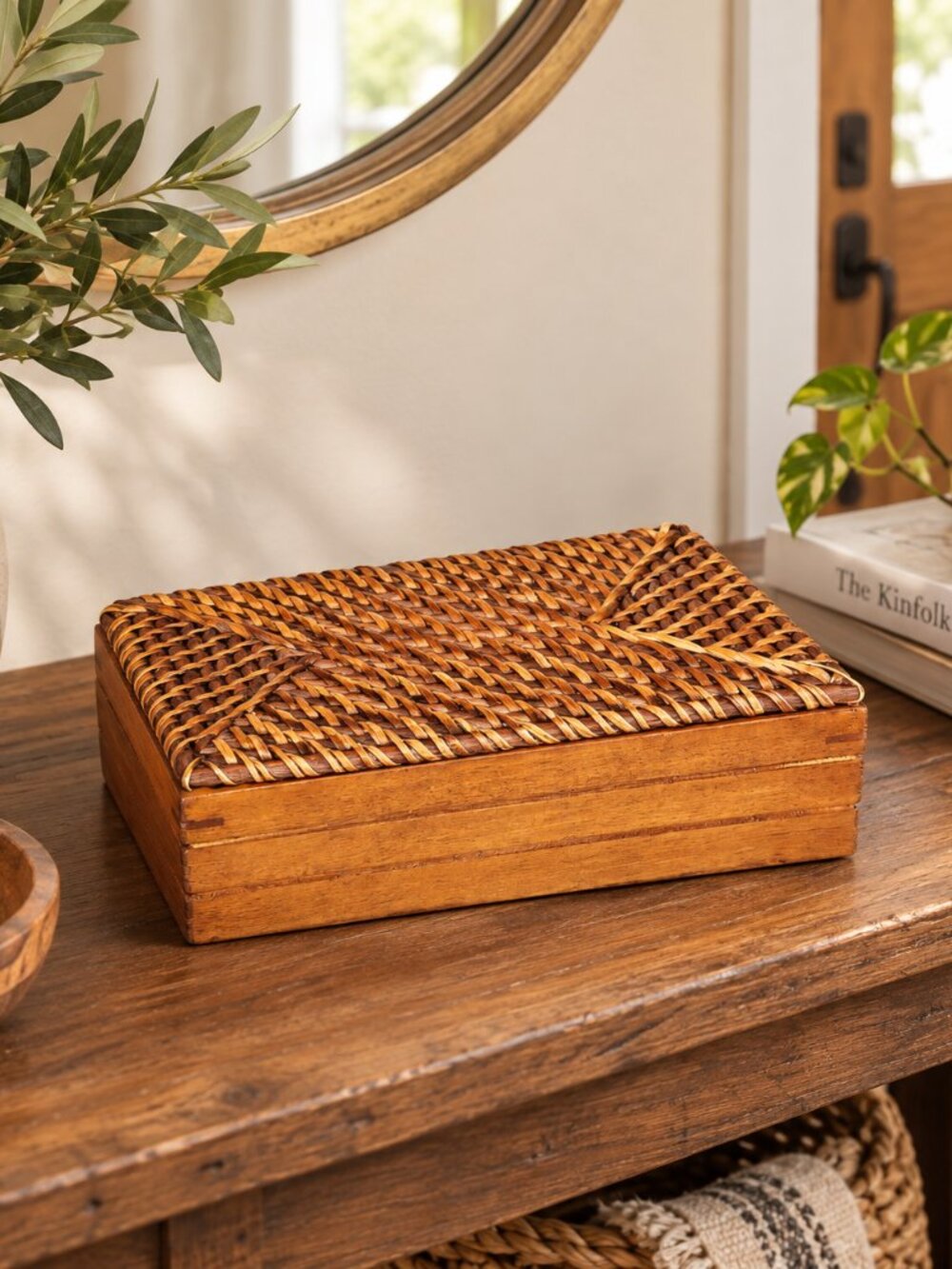 Vintage Boho Rattan wicker and Wood Decorative Storage Box Rectangle with Lid Di